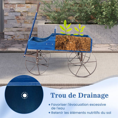 Brouette Décorative En Bois Avec 2 Compartiments À Planter Roues Métalliques Poignée Charge 15Kg Pour Cour Bleu/Café/Gris/Rouge/Vert