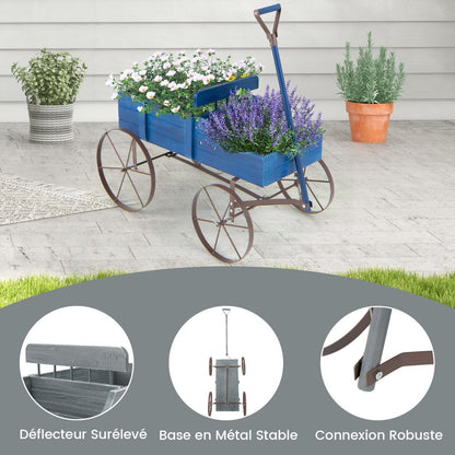 Brouette Décorative En Bois Avec 2 Compartiments À Planter Roues Métalliques Poignée Charge 15Kg Pour Cour Bleu/Café/Gris/Rouge/Vert
