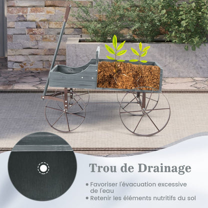 Brouette Décorative En Bois Avec 2 Compartiments À Planter Roues Métalliques Poignée Charge 15Kg Pour Cour Bleu/Café/Gris/Rouge/Vert