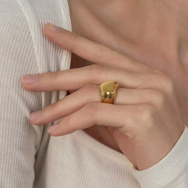 18Kgold Plated 316L Stainless Steel Shell Rings for Women Heart Shape Yin Yang Chunky Finger Rings Waterproof Jewelry