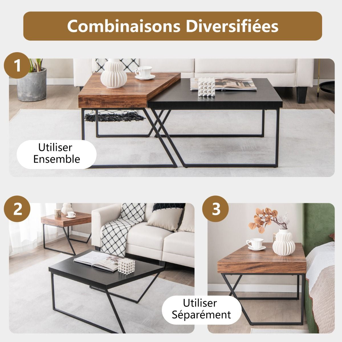 Lot De 2 Tables Basses Gigognes Avec Cadre Métal, Tables D'Appoint Style Industriel Avec 8 Pieds Antidérapants Réglables Noir+Marron