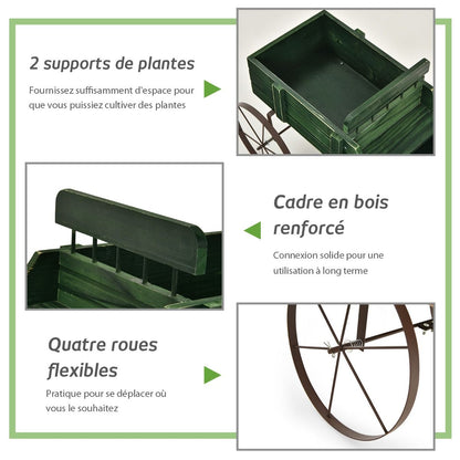 Brouette Décorative En Bois Avec 2 Compartiments À Planter Roues Métalliques Poignée Charge 15Kg Pour Cour Bleu/Café/Gris/Rouge/Vert