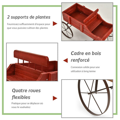 Brouette Décorative En Bois Avec 2 Compartiments À Planter Roues Métalliques Poignée Charge 15Kg Pour Cour Bleu/Café/Gris/Rouge/Vert