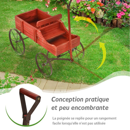 Brouette Décorative En Bois Avec 2 Compartiments À Planter Roues Métalliques Poignée Charge 15Kg Pour Cour Bleu/Café/Gris/Rouge/Vert