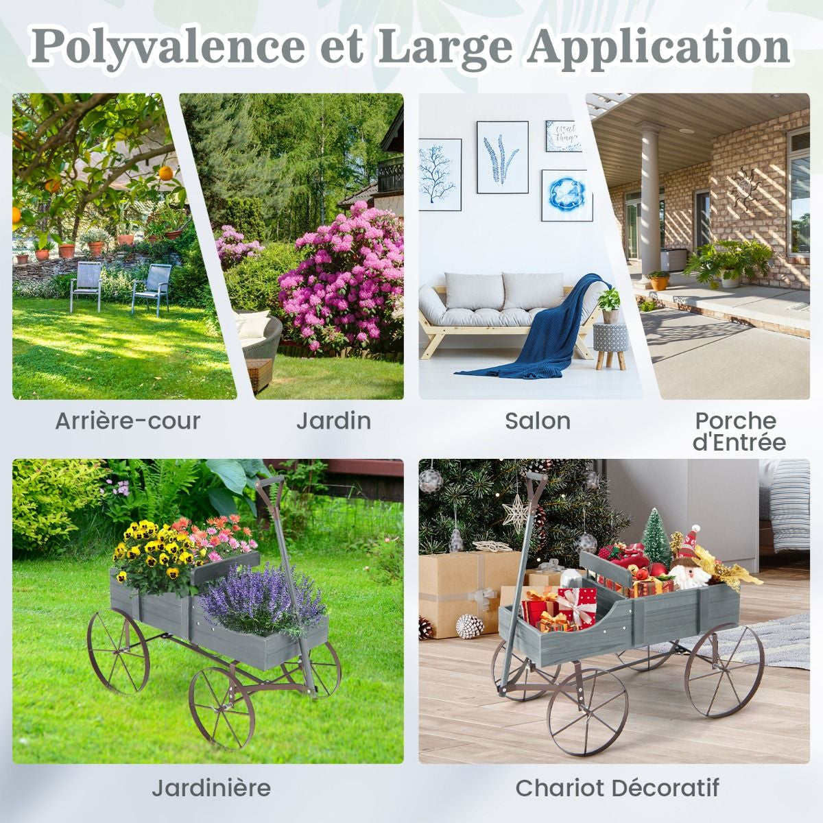 Brouette Décorative En Bois Avec 2 Compartiments À Planter Roues Métalliques Poignée Charge 15Kg Pour Cour Bleu/Café/Gris/Rouge/Vert