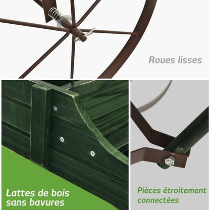 Brouette Décorative En Bois Avec 2 Compartiments À Planter Roues Métalliques Poignée Charge 15Kg Pour Cour Bleu/Café/Gris/Rouge/Vert