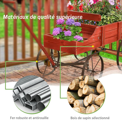 Brouette Décorative En Bois Avec 2 Compartiments À Planter Roues Métalliques Poignée Charge 15Kg Pour Cour Bleu/Café/Gris/Rouge/Vert