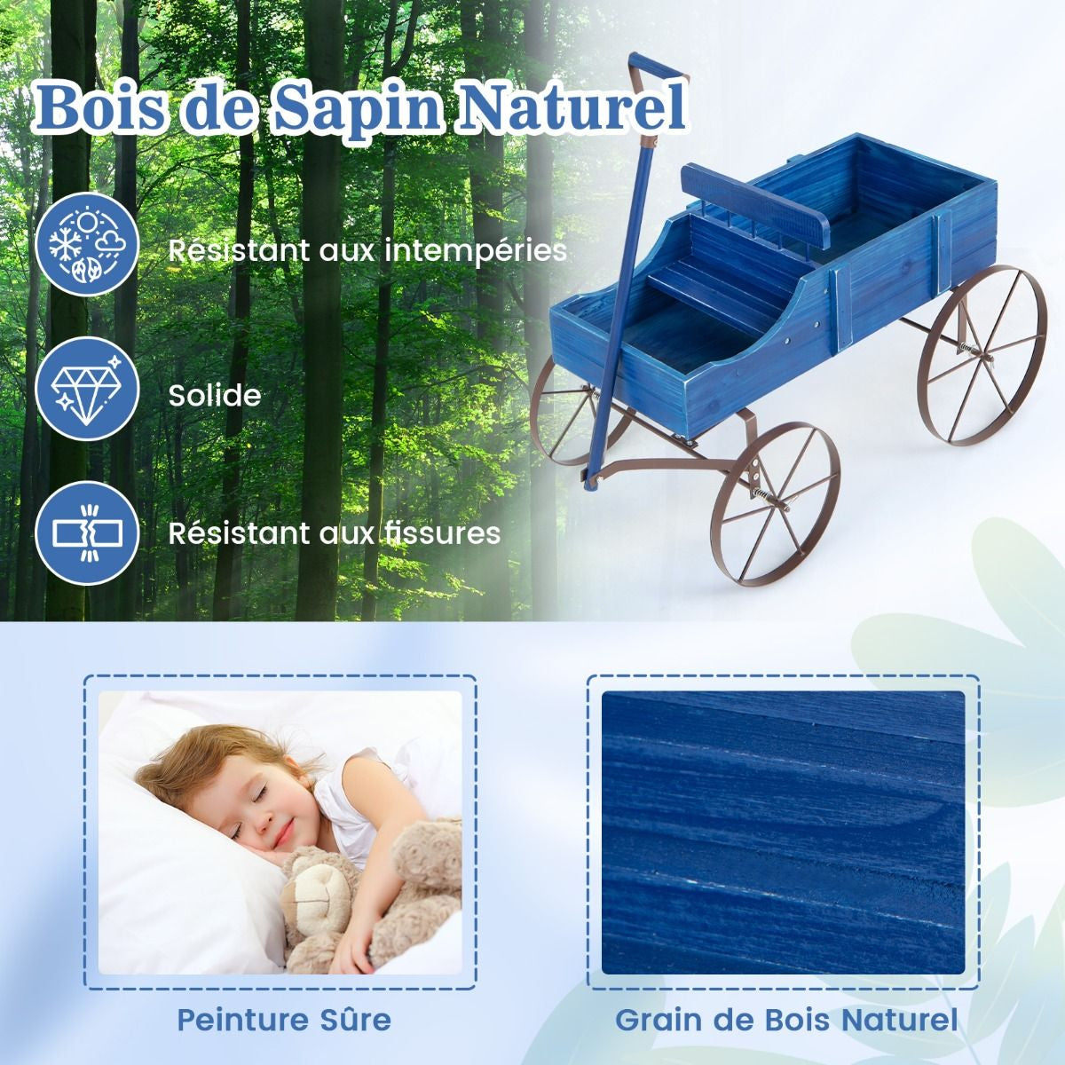 Brouette Décorative En Bois Avec 2 Compartiments À Planter Roues Métalliques Poignée Charge 15Kg Pour Cour Bleu/Café/Gris/Rouge/Vert