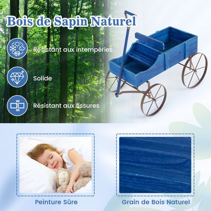 Brouette Décorative En Bois Avec 2 Compartiments À Planter Roues Métalliques Poignée Charge 15Kg Pour Cour Bleu/Café/Gris/Rouge/Vert